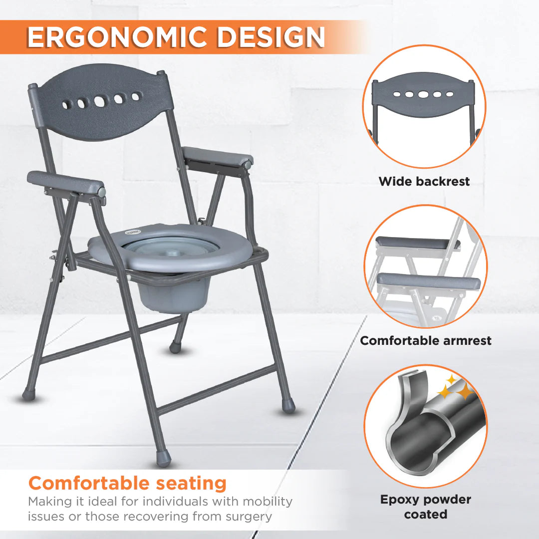Comfort Steel Folding Commode Chair for Elderly, Patients & Disabled | Portable Toilet Chair with Armrest & Non-Slip Legs | Foldable, Pre-Assembled, 80kg Weight Capacity