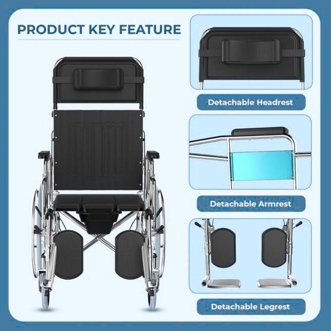 Recliner Wheelchair with U Cut Seat & Commode/Toilet Pot - Foldable Reclining Wheelchair