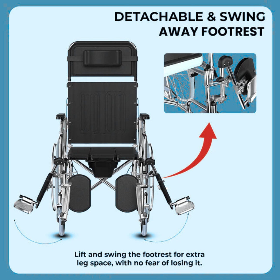 Recliner Wheelchair with U Cut Seat & Commode/Toilet Pot - Foldable Reclining Wheelchair