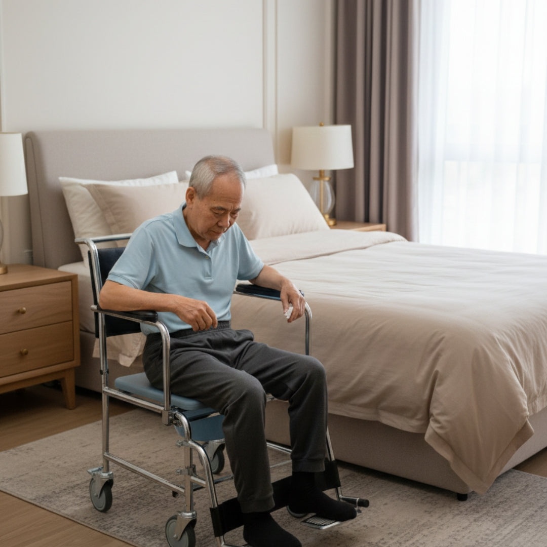 Commode Wheelchair with 5" Solid Castor Wheels & Chromed Steel Frame