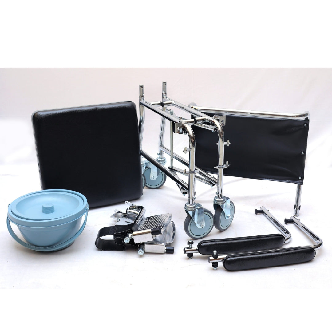 Commode Wheelchair with 5" Solid Castor Wheels & Chromed Steel Frame