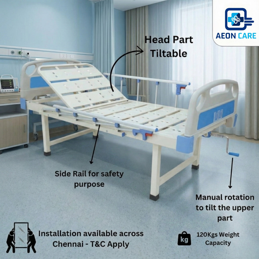 Hospital Bed for Home: Semi Fowler Bed with Head Adjustable, Side Railing, & IV Stand