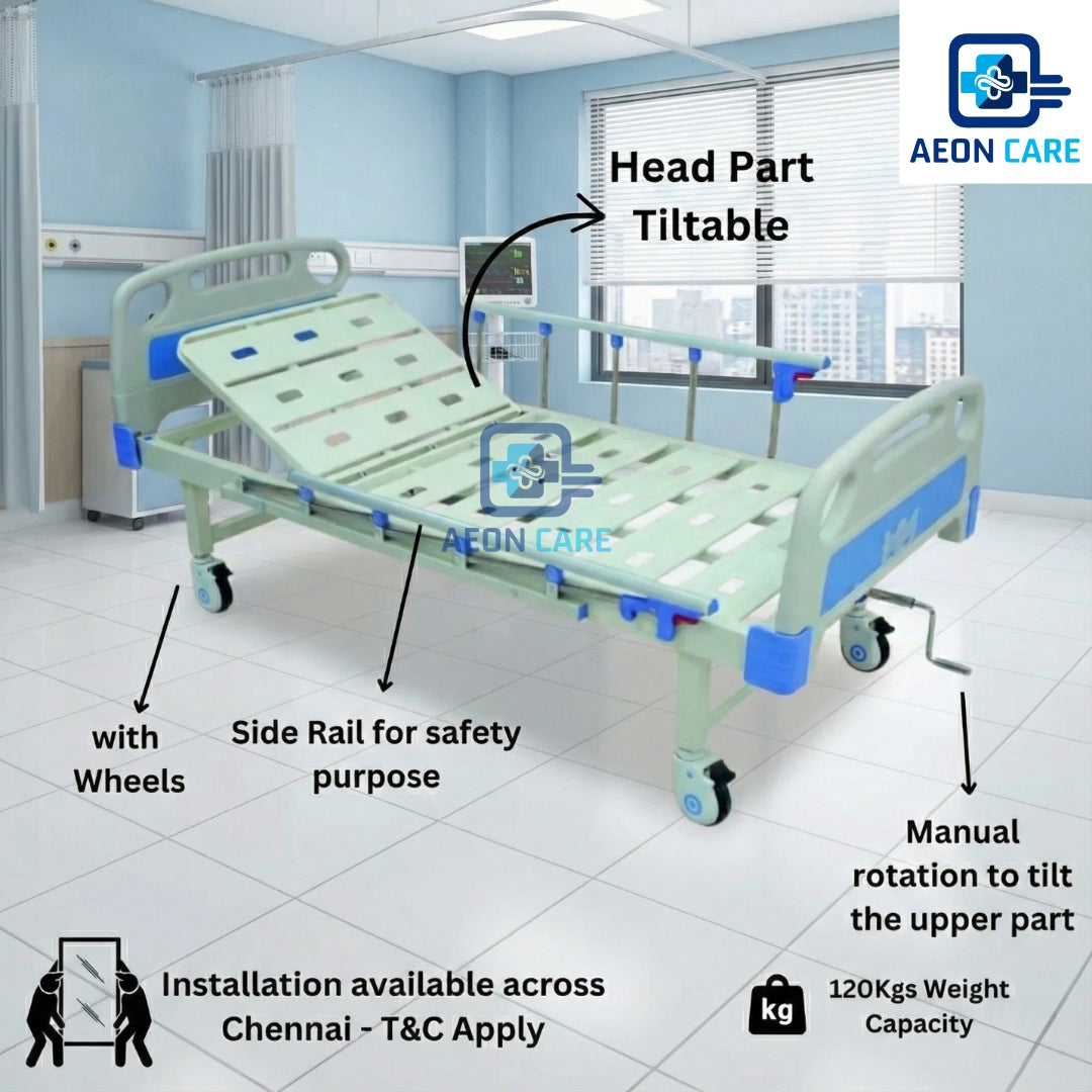 Hospital Bed for Home - Semi Fowler Bed with Castor Wheels, Head Adjustable, Side Railing, & IV Stand