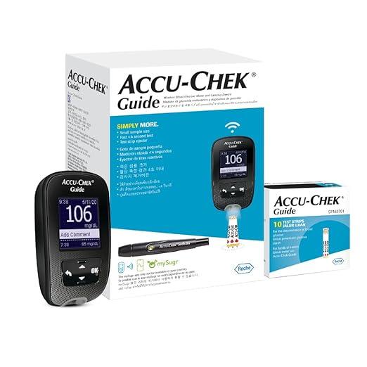 Accu-Chek Guide Blood Glucose Glucometer (with Bluetooth) Kit with Vial of 10 Strips, 10 Lancets and a Lancing Device - AeonCare