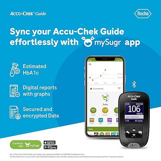 Accu-Chek Guide Blood Glucose Glucometer (with Bluetooth) Kit with Vial of 10 Strips, 10 Lancets and a Lancing Device - AeonCare