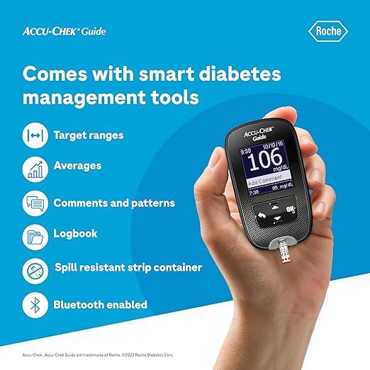 Accu-Chek Guide Blood Glucose Glucometer (with Bluetooth) Kit with Vial of 10 Strips, 10 Lancets and a Lancing Device - AeonCare