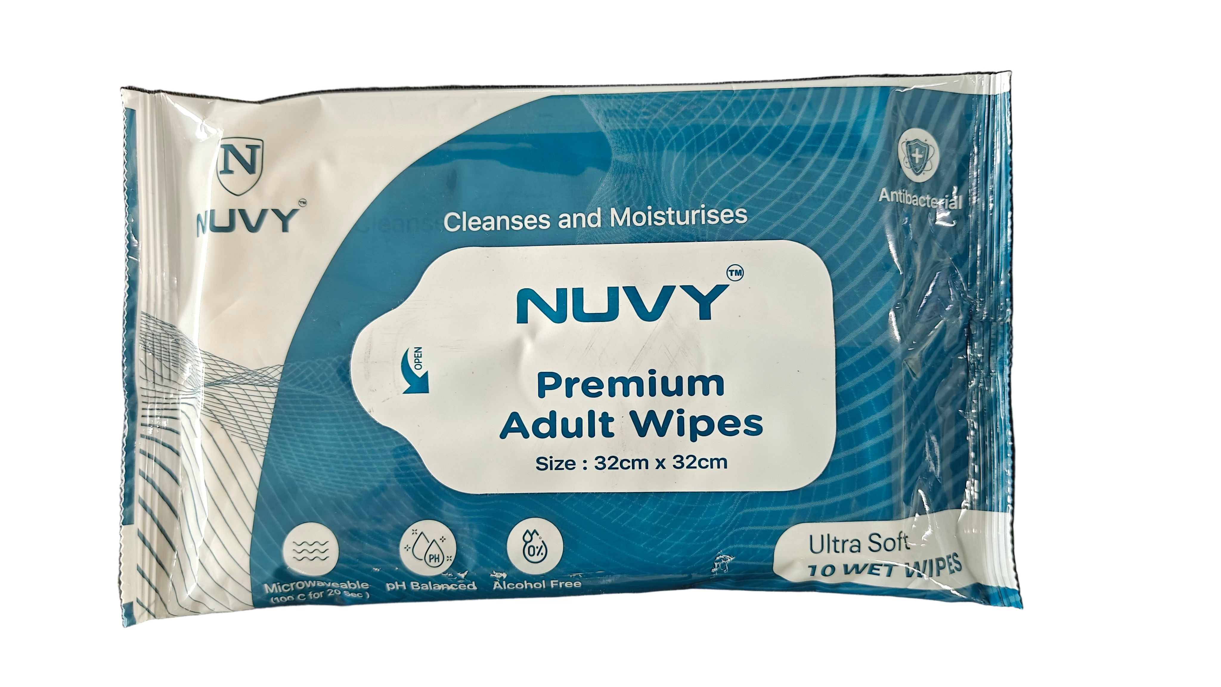 Pack of Nuvy premium adult wipes on a black background