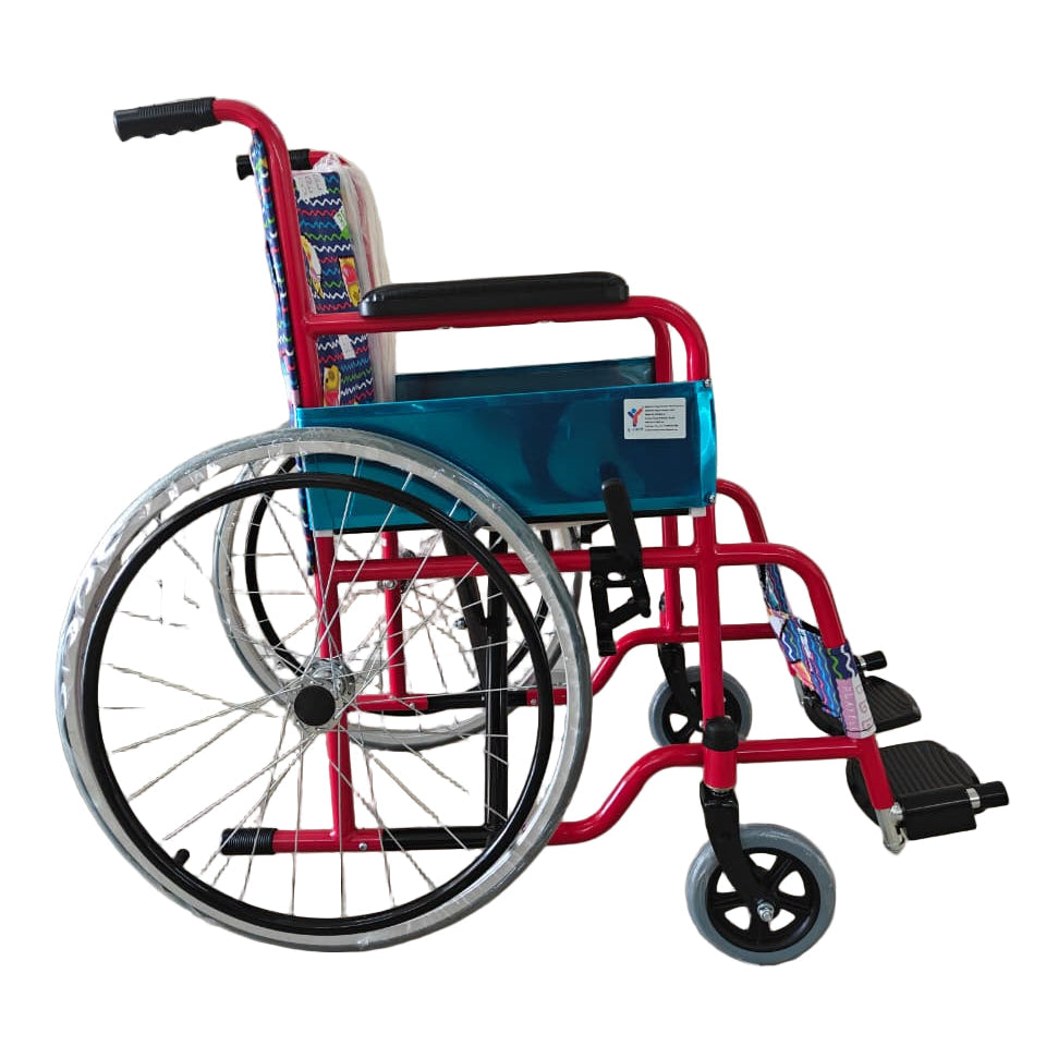 Red wheelchair with a blue seat on a white background
