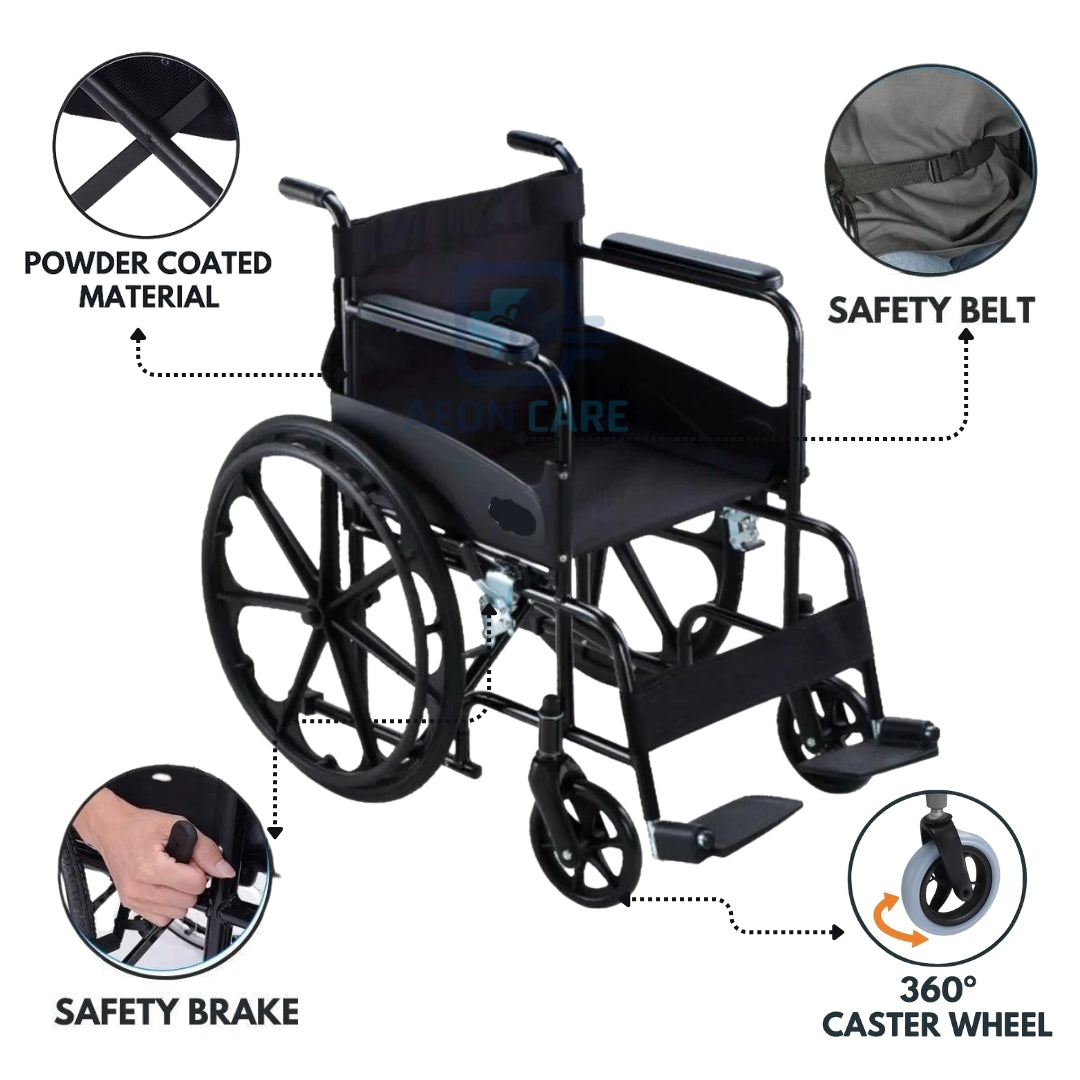 Black wheelchair with features highlighted on a white background