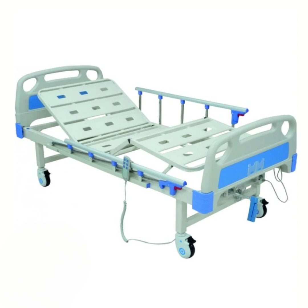 Hospital bed with blue accents on a white background