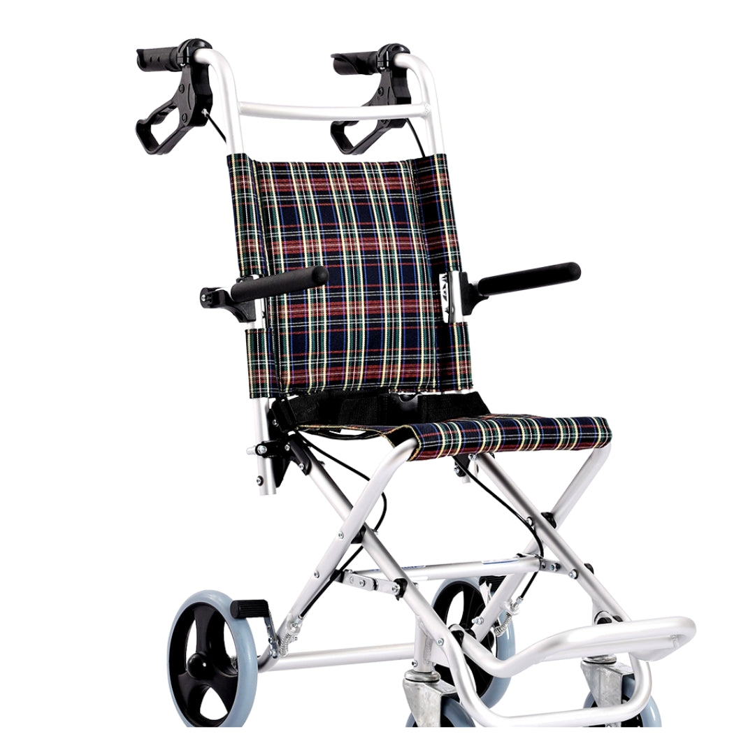 Foldable wheelchair with plaid seat cover on a white background