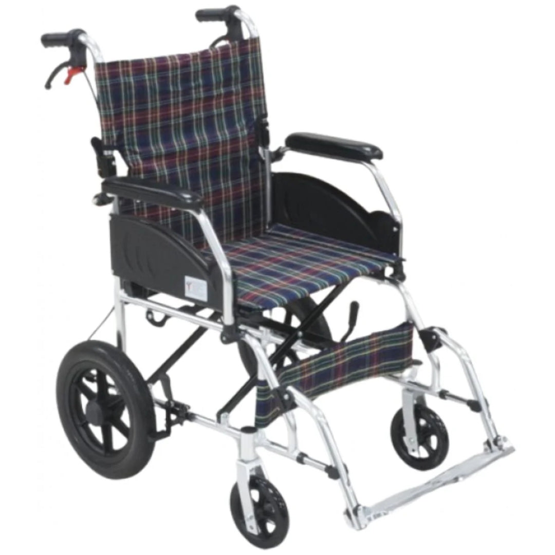 Plaid-patterned wheelchair on a white background