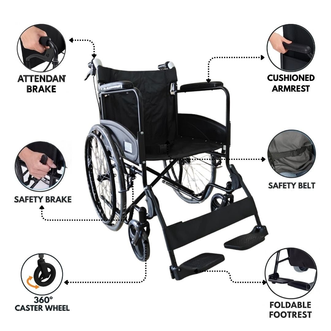 Foldable Lightweight Wheelchair with Attendant Brakes - Matte Finish