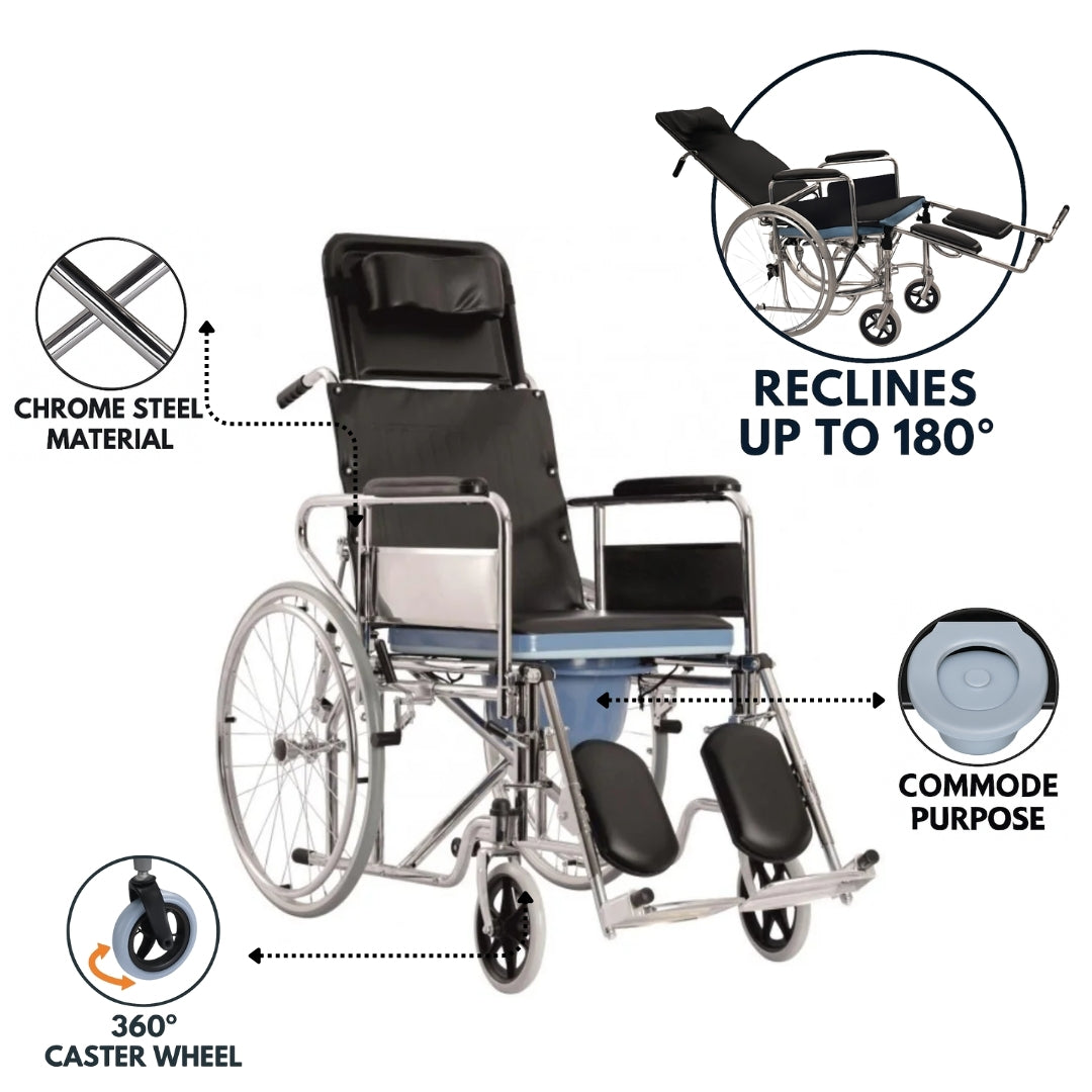 Recliner Wheelchair with Commode/Toilet Pot - Foldable Reclining Wheelchair