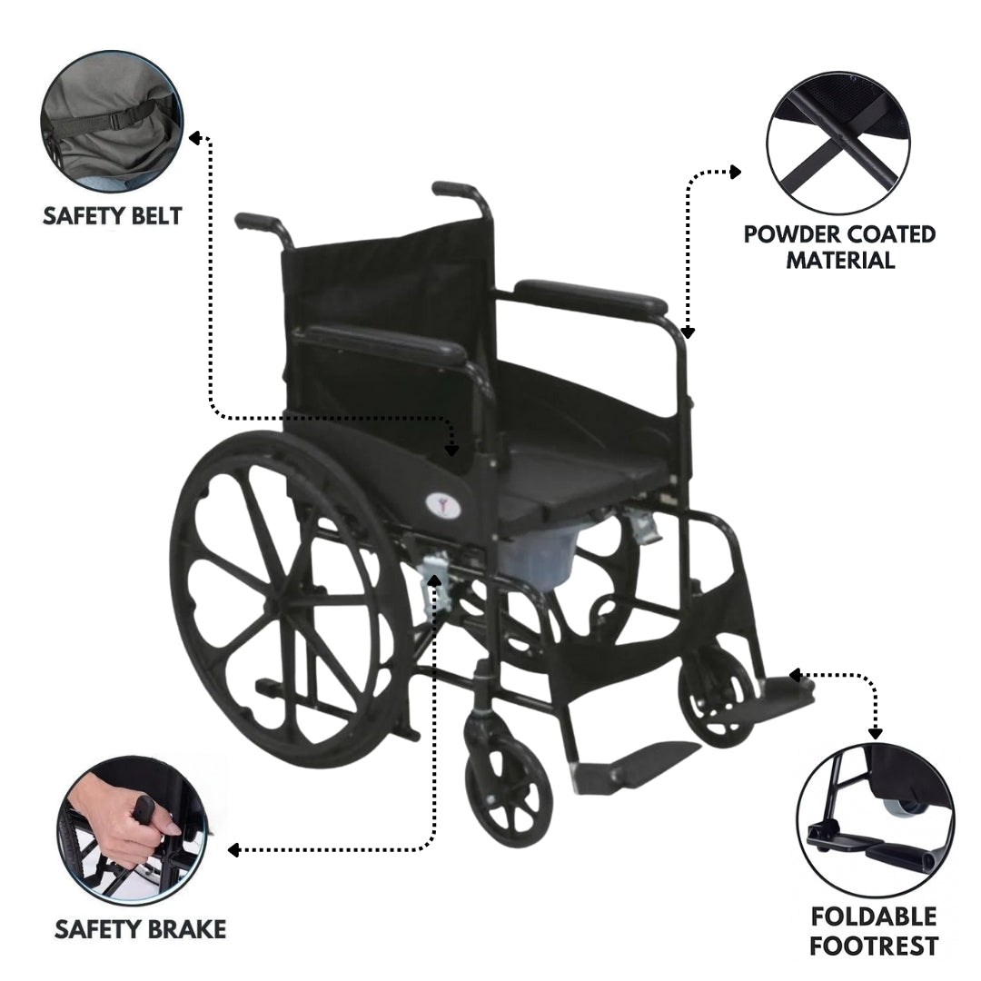 Commode Wheelchair U cut seat - Powder Coated Foldable Wheelchair