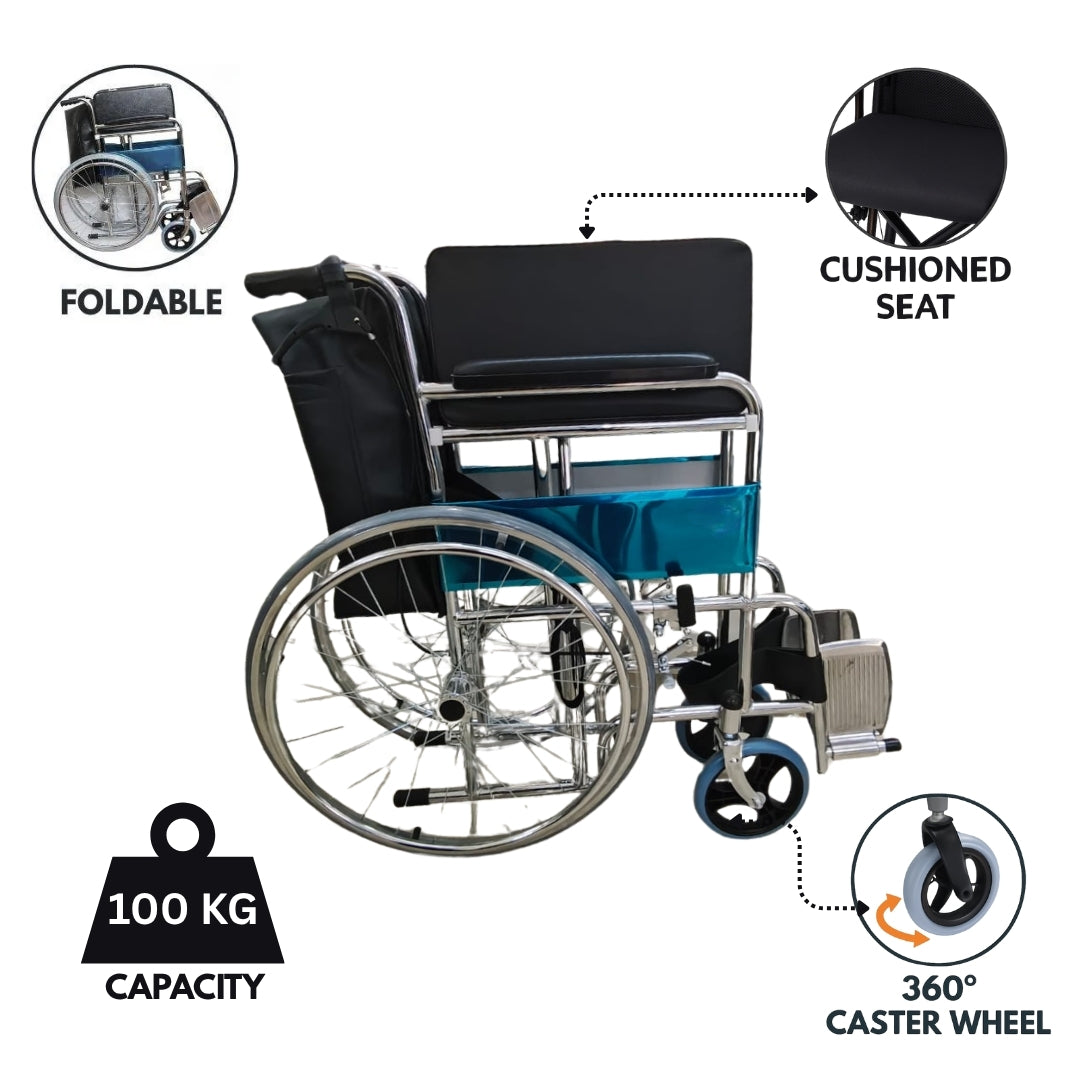 Foldable Wheelchair with Cushion Seat & Attendant Brake