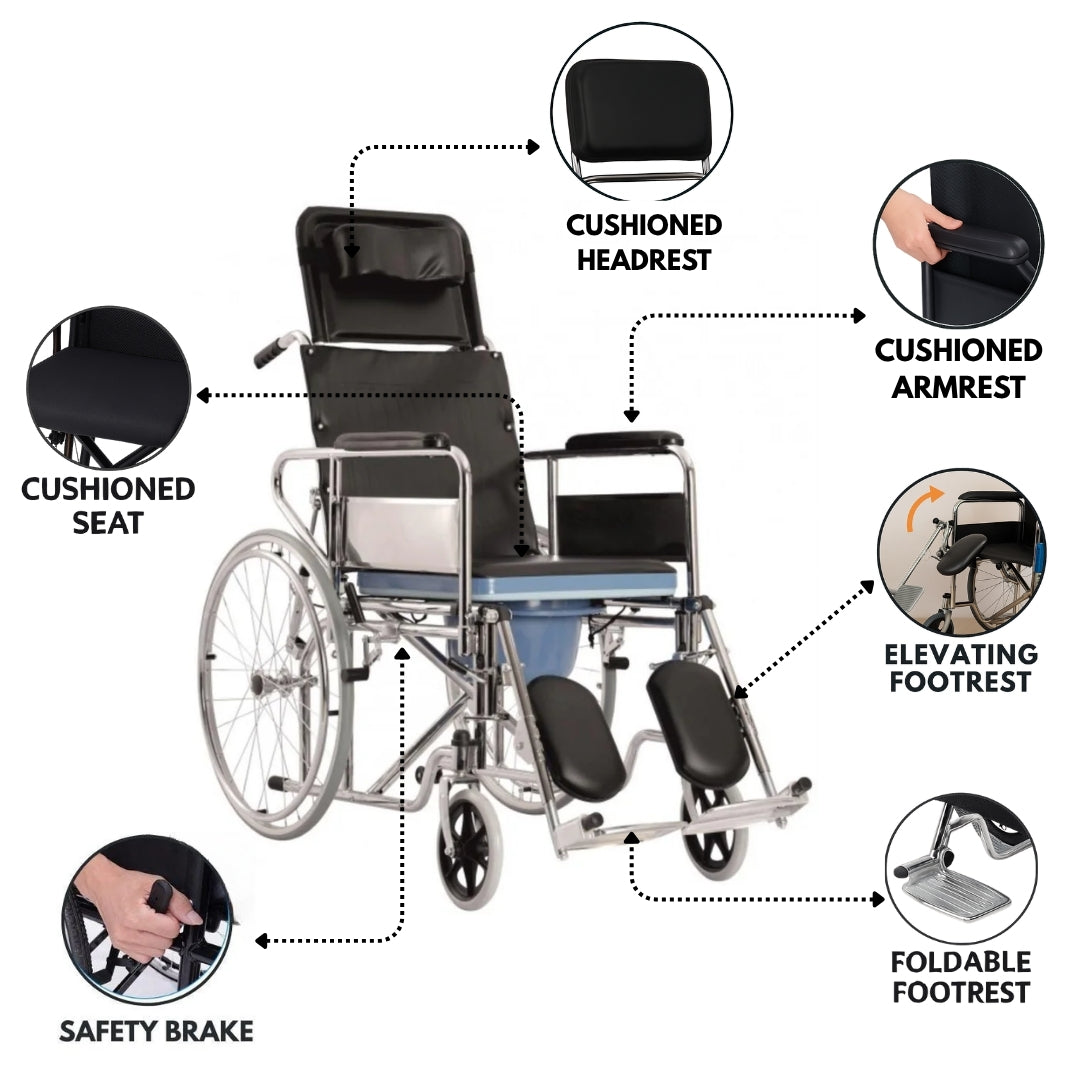Recliner Wheelchair with Commode/Toilet Pot - Foldable Reclining Wheelchair