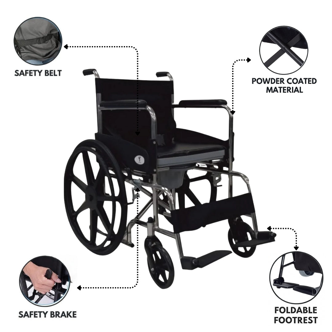 Foldable Commode Wheelchair - Chrome Steel