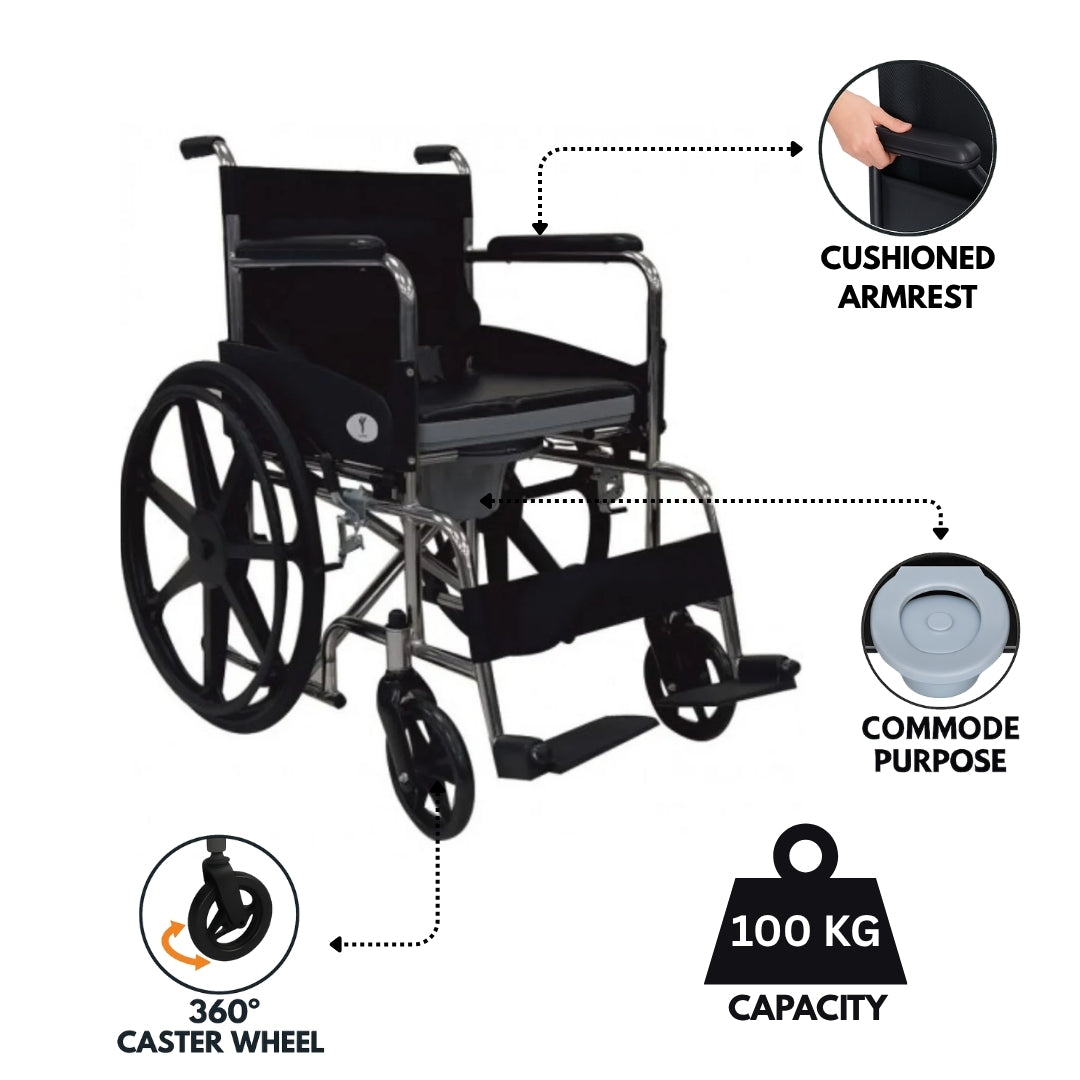 Foldable Commode Wheelchair - Chrome Steel