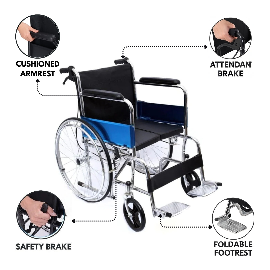 Foldable Wheelchair with Cushion Seat & Attendant Brake