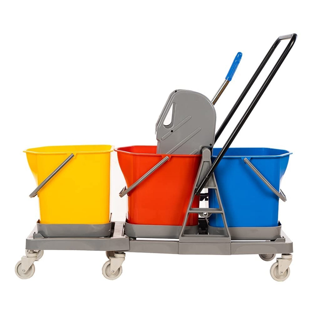 Three Bucket Mop Winger Trolley System for Hospital Cleaning | 3 Bucket Mop Wringer Trolley (60 LTR)