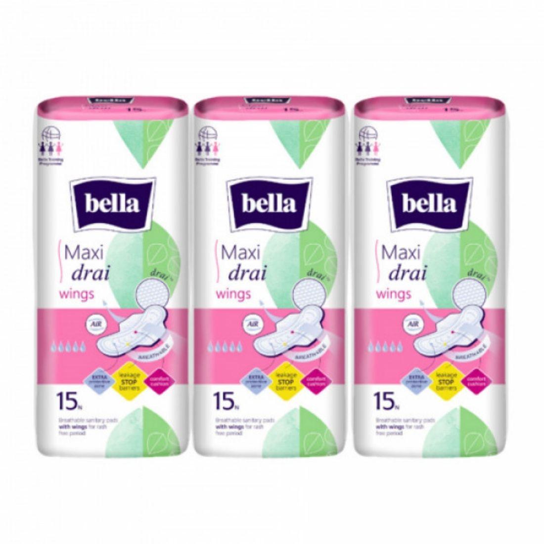 Bella Maxi Drai Wings Classic Sanitary Napkins - 15Pcs (Pack of 3) - AeonCare
