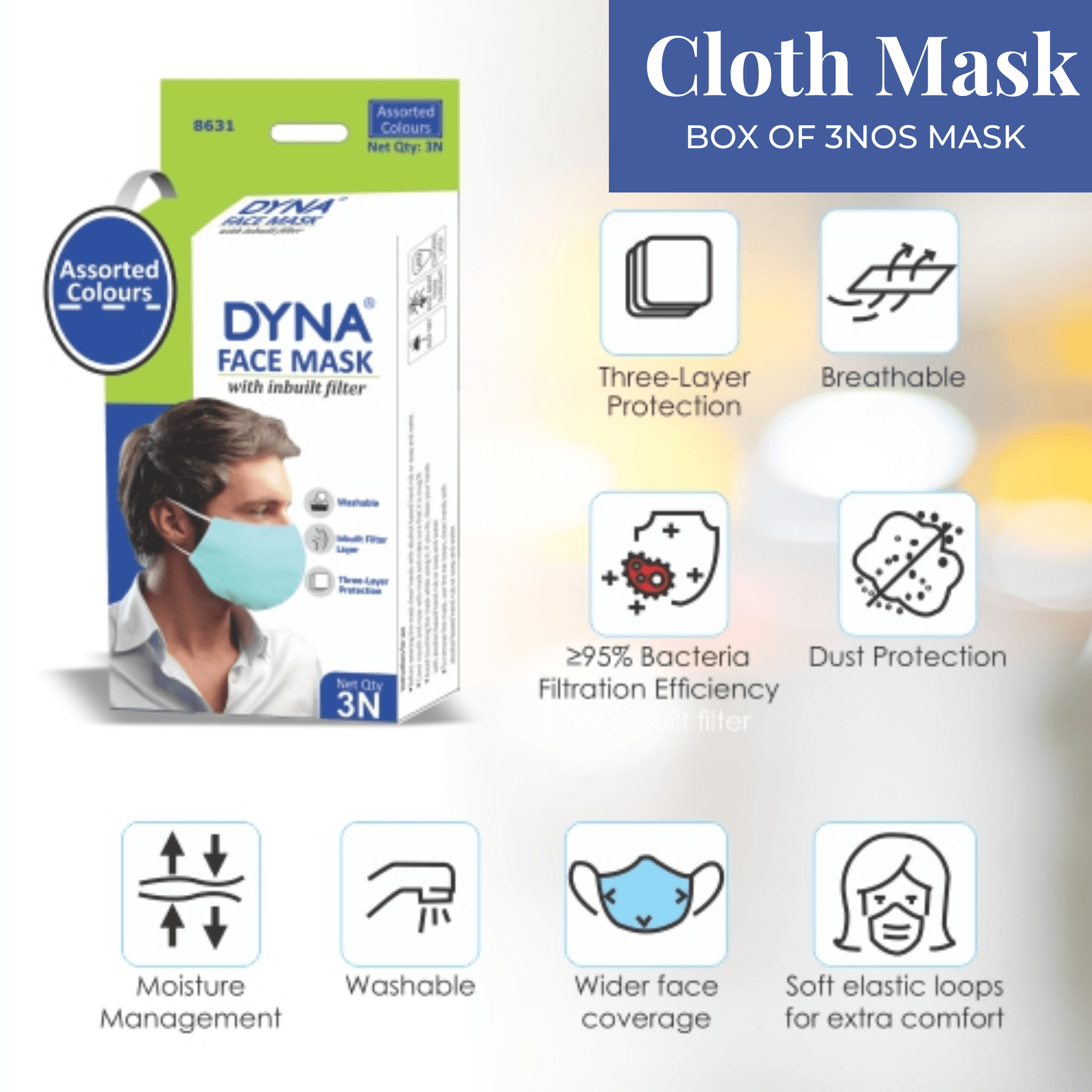Dyna Face Mask with Inbuilt Filter - 3Nos - AeonCare