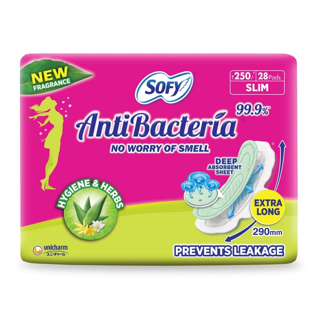 Buy new Sofy AntiBacteria with deep absorbent sheet that prevents leakage and gives you 99.9% protection from bacteria that causes smell.
