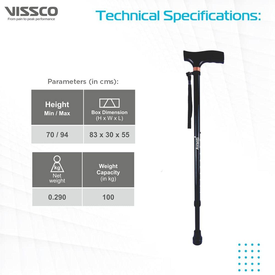 Vissco Avanti Black T Shape Aluminium Stick - AeonCare