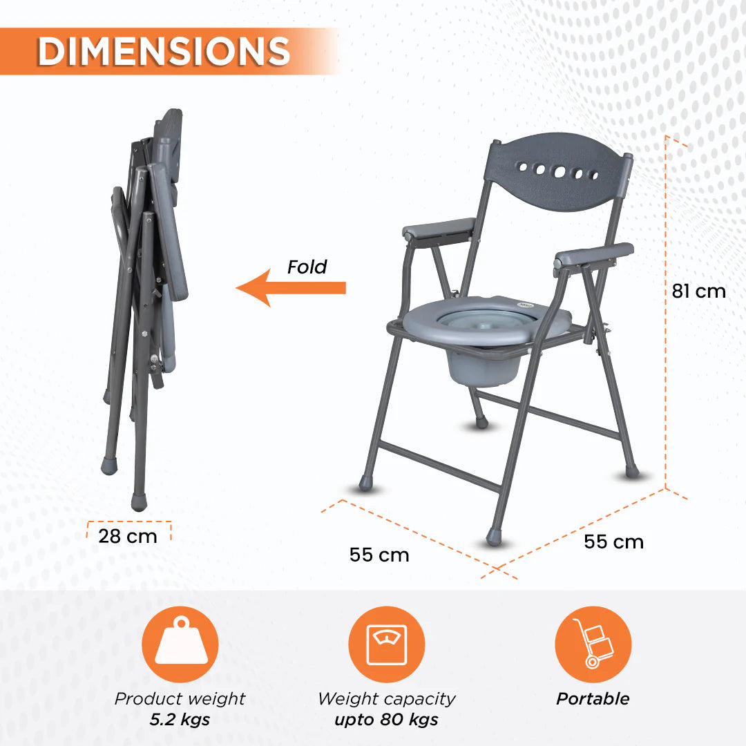 Comfort Steel Folding Commode Chair for Elderly, Patients & Disabled | Portable Toilet Chair with Armrest & Non-Slip Legs | Foldable, Pre-Assembled, 80kg Weight Capacity