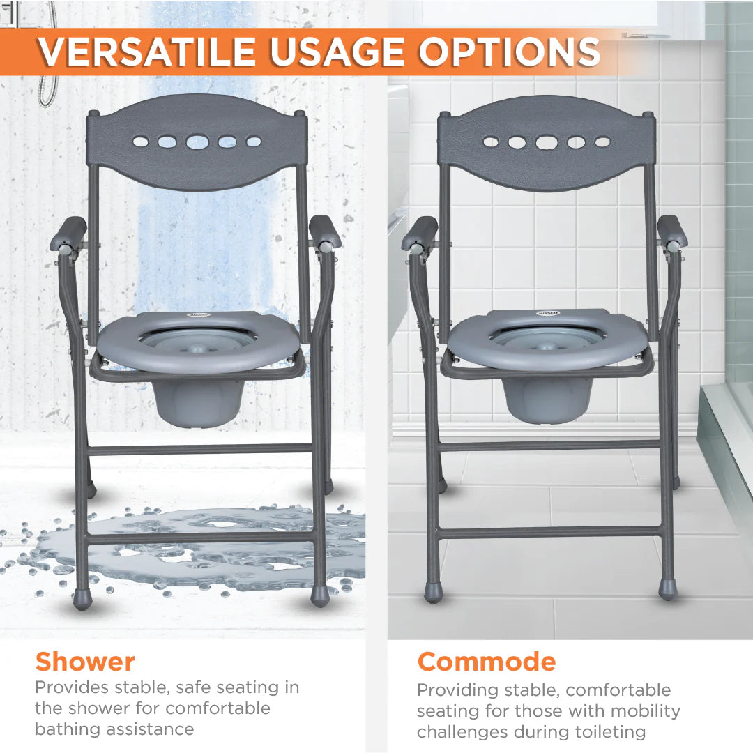 Comfort Steel Folding Commode Chair for Elderly, Patients & Disabled | Portable Toilet Chair with Armrest & Non-Slip Legs | Foldable, Pre-Assembled, 80kg Weight Capacity