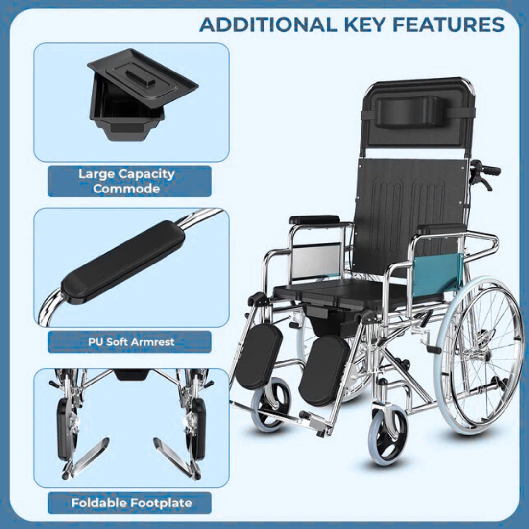 Recliner Wheelchair with U Cut Seat & Commode/Toilet Pot - Foldable Reclining Wheelchair