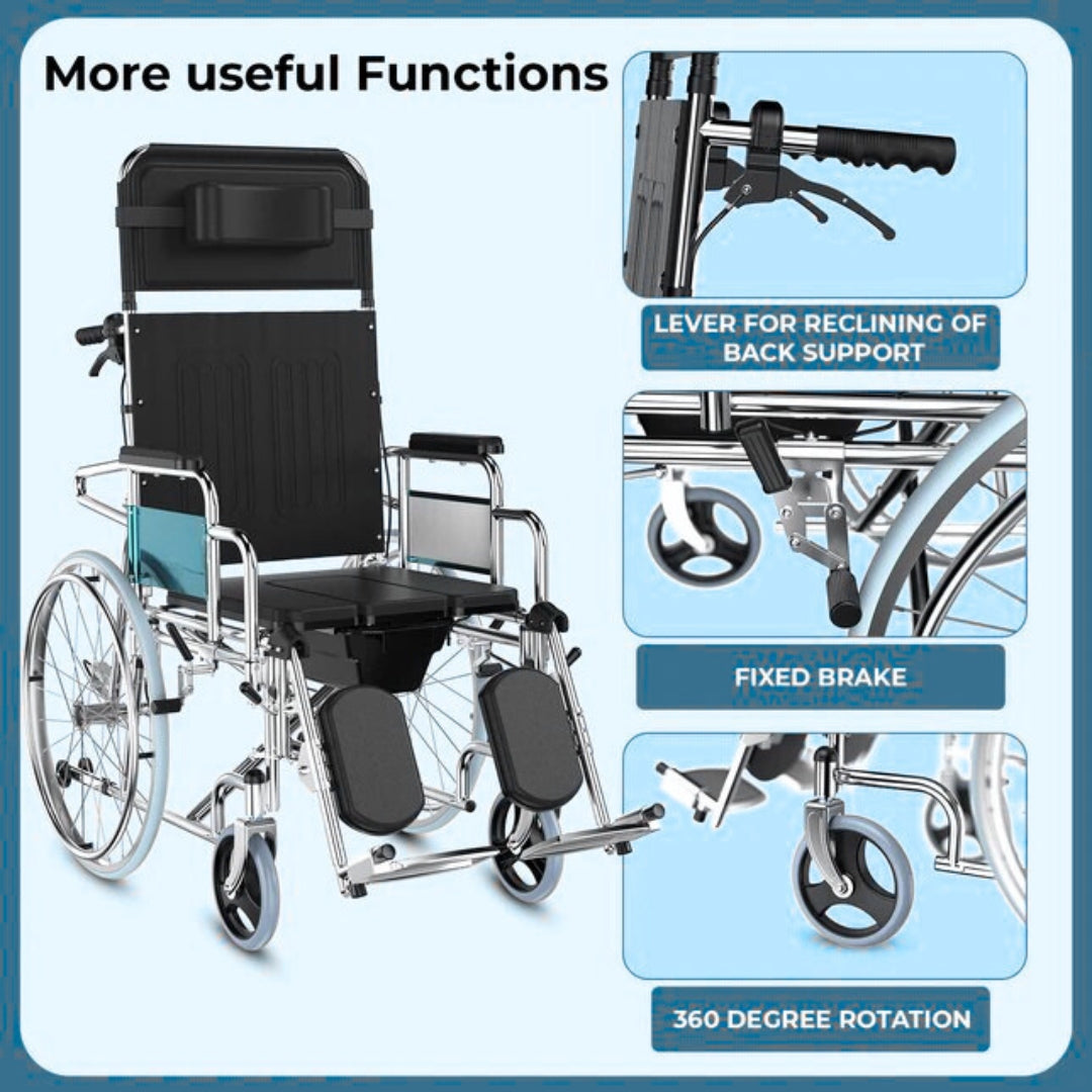 Recliner Wheelchair with U Cut Seat & Commode/Toilet Pot - Foldable Reclining Wheelchair
