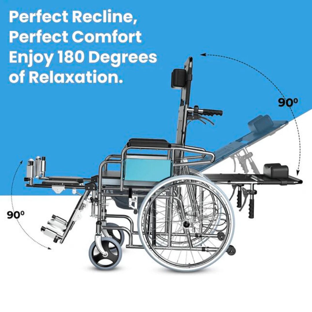 Recliner Wheelchair with U Cut Seat & Commode/Toilet Pot - Foldable Reclining Wheelchair