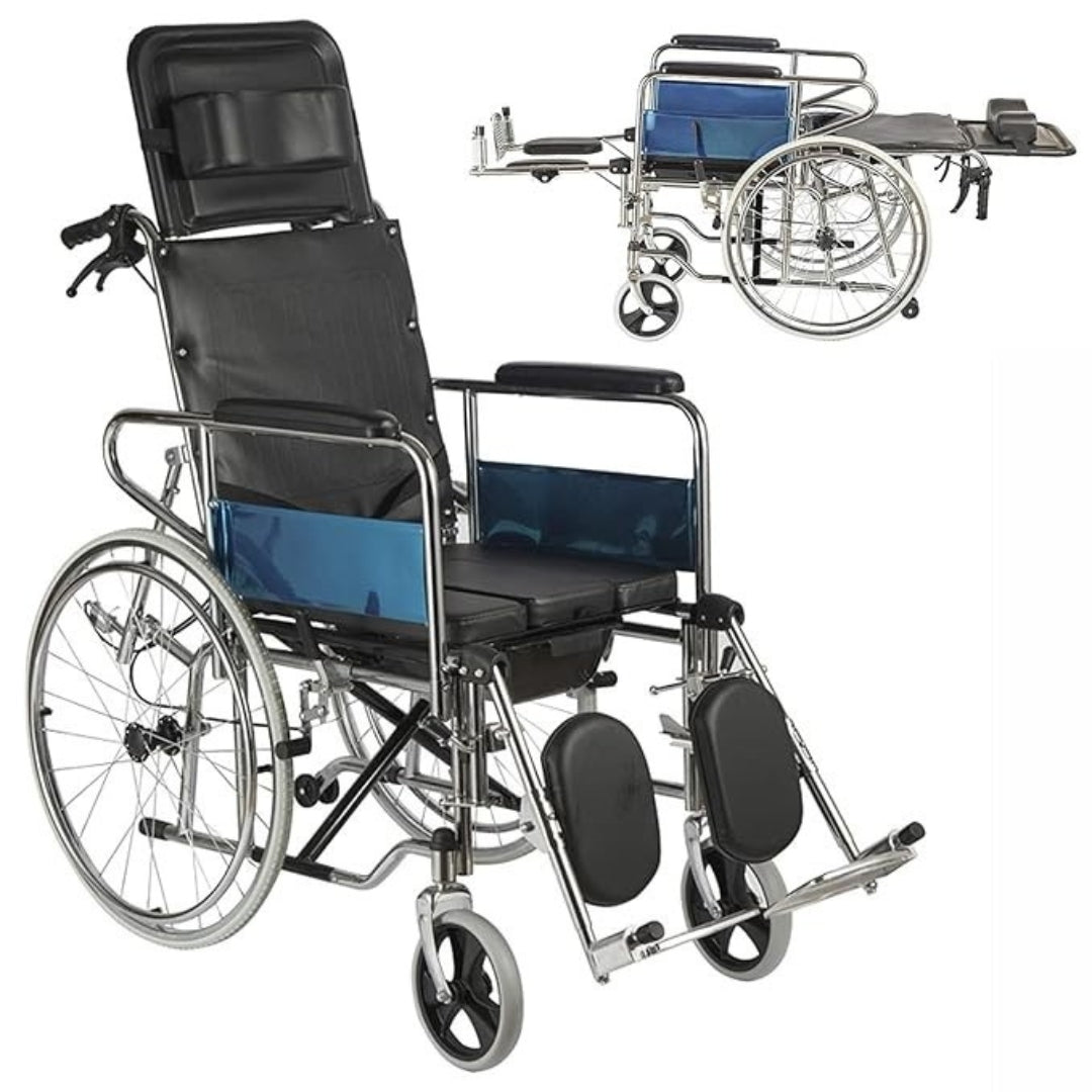 Recliner Wheelchair with U Cut Seat & Commode/Toilet Pot - Foldable Reclining Wheelchair