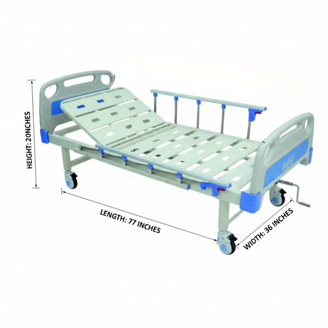 Hospital Bed for Home - Semi Fowler Bed with Castor Wheels, Head Adjustable, Side Railing, & IV Stand