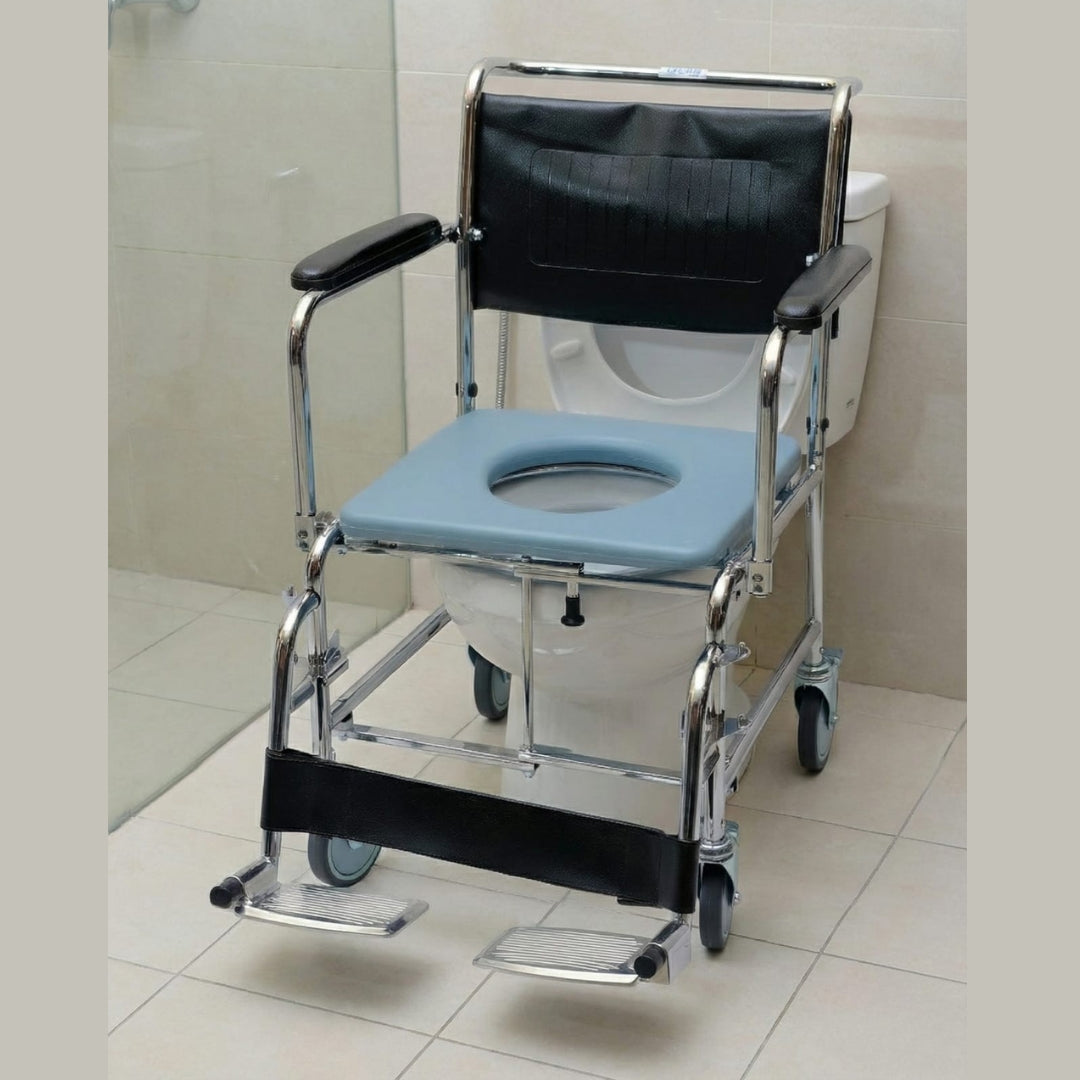 Commode Wheelchair with 5" Solid Castor Wheels & Chromed Steel Frame