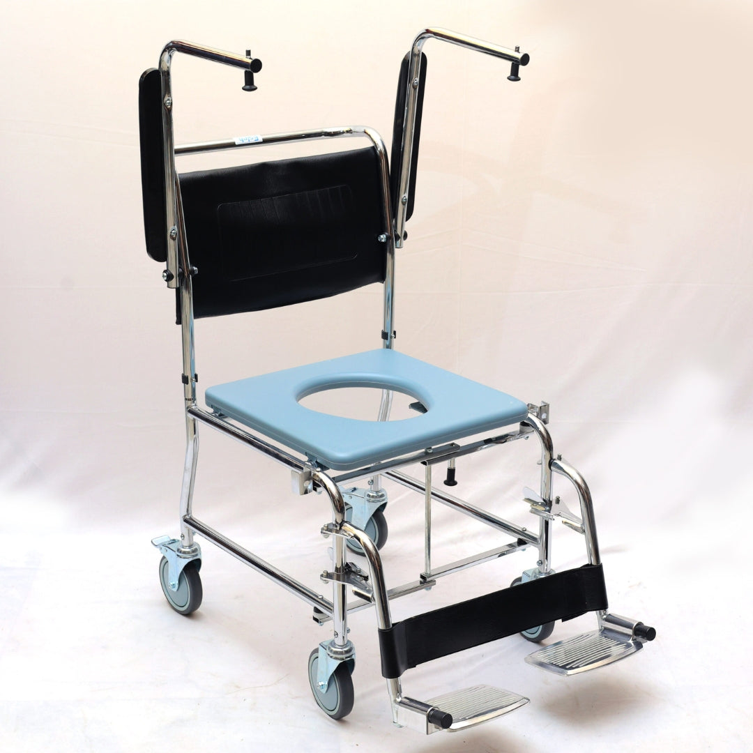 Commode Wheelchair with 5" Solid Castor Wheels & Chromed Steel Frame