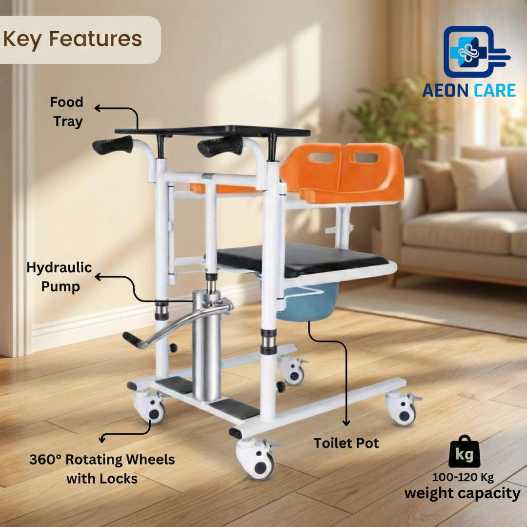 Multipurpose Lift & Transfer Wheelchair - Hydraulic with Commode & Food Tray