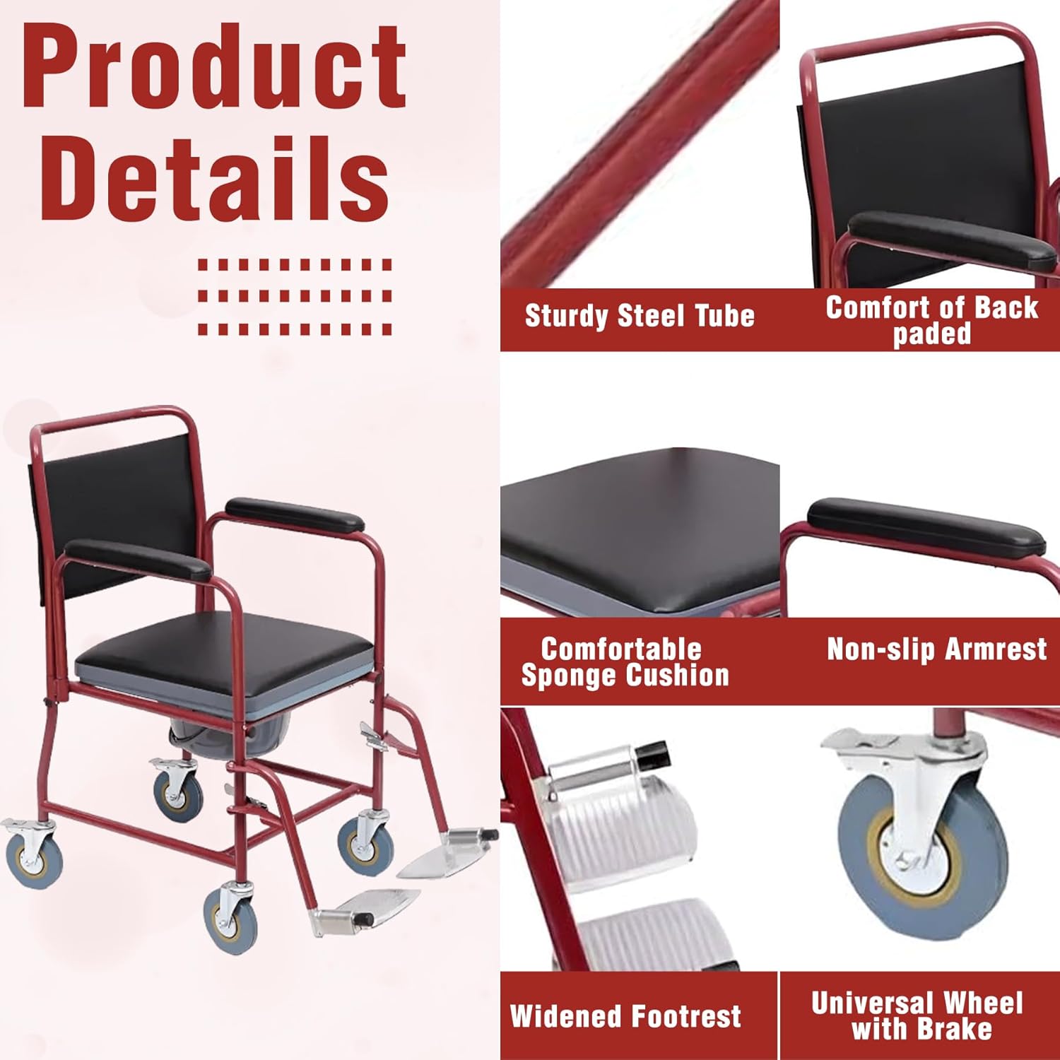 Commode Wheelchair with 5" Solid Castor Wheels & Non-Foldable