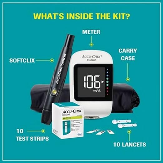 Accu-Chek Instant Glucometer Kit with Free 10 Test Strips & Bluetooth Connectivity)
