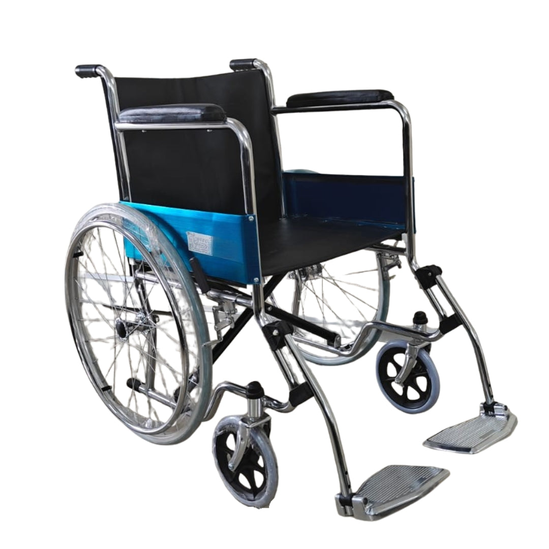 Wheelchair with blue seat on a white background