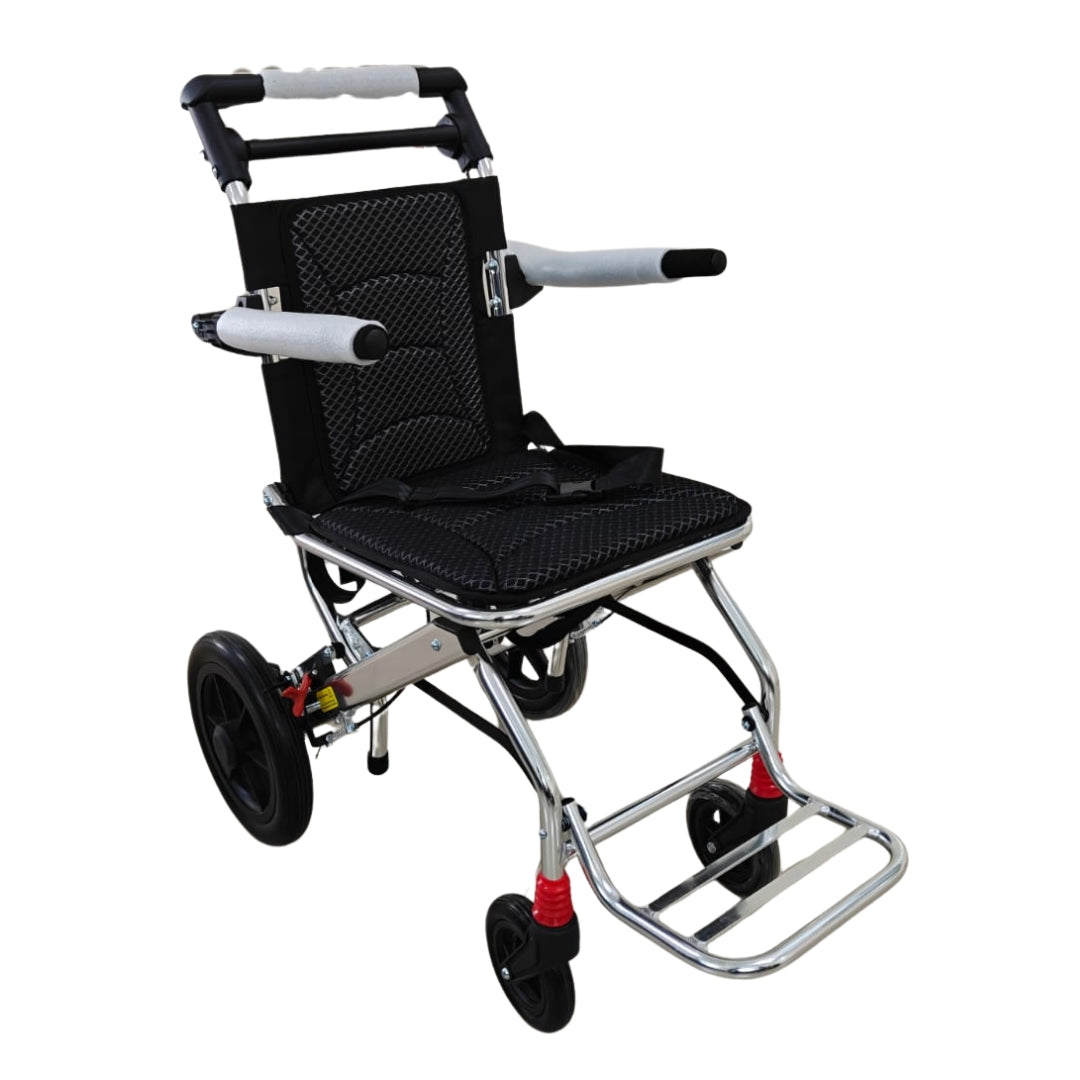 Black and silver wheelchair with red wheels on a white background