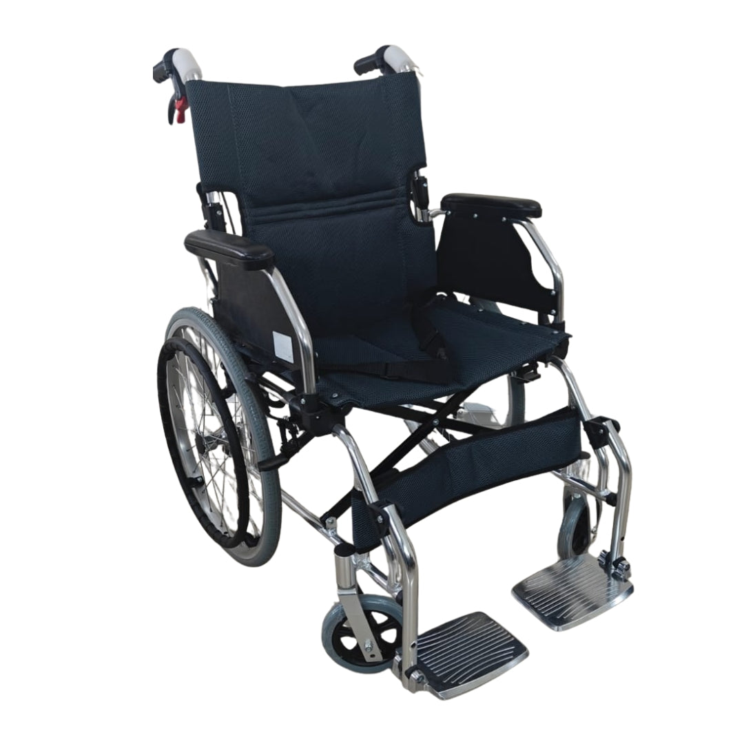 Black wheelchair with blue seat cover on a white background