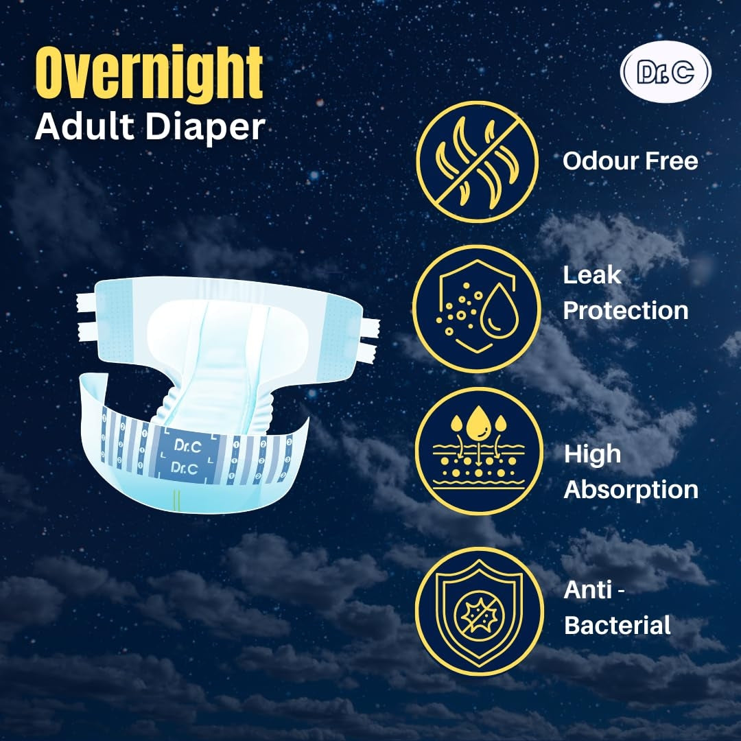 Dr.C Overnight Adult Diaper (Tape Style) High Absorption, 16 hrs Protection, Odour Free & Leak Proof