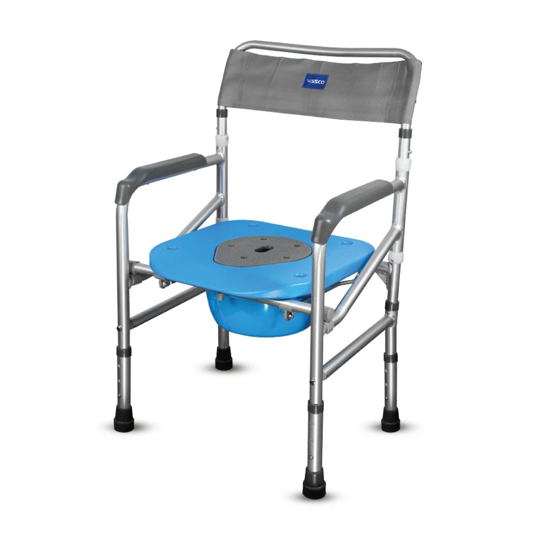 Portable commode chair with blue seat and gray frame on a white background