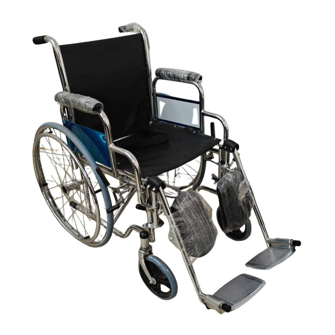 Wheelchair with black seat and footrests on a white background