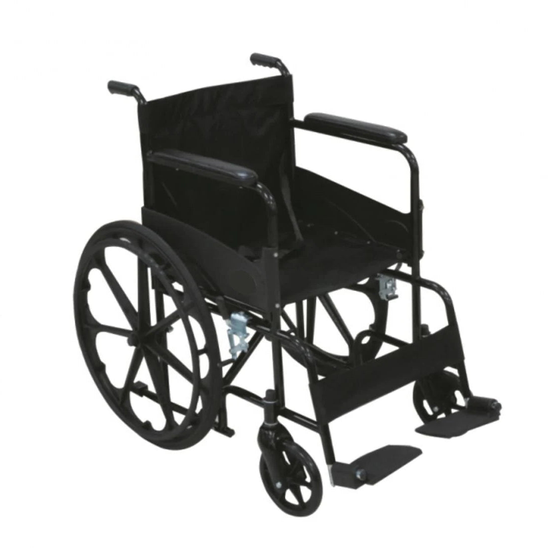 A black manual wheelchair with a fabric seat and backrest, black armrests, and large spoked rear wheels