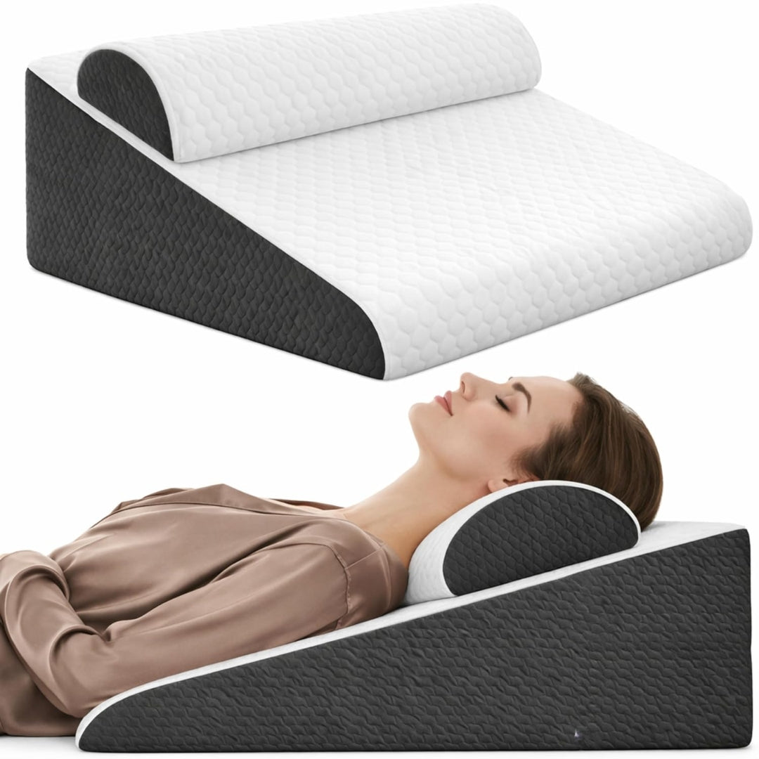 Bed Wedge Pillowwith Headrest | Orthopedic Pillow for Sleeping, Acid Reflux, GERD, Snoring, Back Support, Reading & Leg Elevation | White