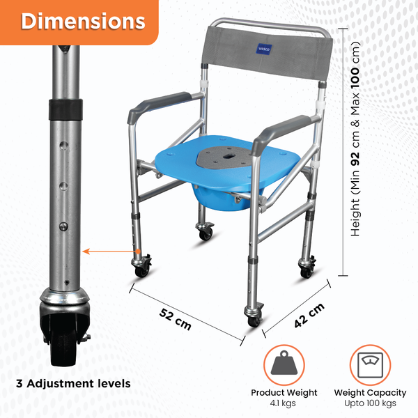 3 in 1 Multipurpose Commode Shower Chair with Wheels - Foldable